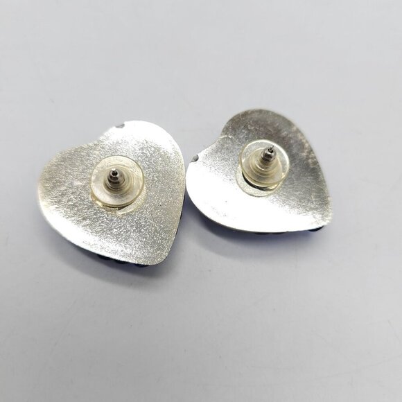 Vintage 1980s Heart Shaped Earrings With Blue Sequin Detailing Gold-Tone Trim - Picture 4 of 5